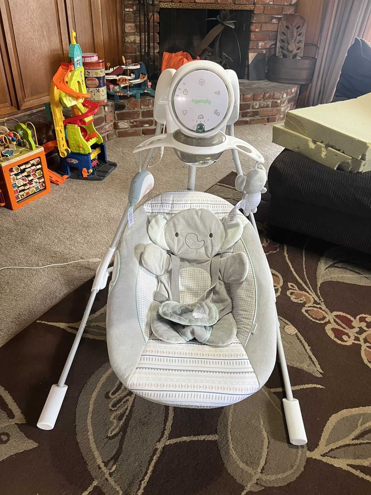 Ingenuity InLighten 5-Speed Baby Swing - Swivel Infant Seat, 5 Point Safety Harness, Nature Sounds, Lights - Van Elephant