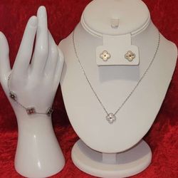 Silver Clover Necklace, Bracelet & Earrings Set