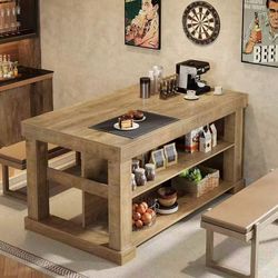 JW1105AB Kitchen Island with 3 Shelves, 55 Inches Width Kitchen Shelf with Large Worktop, Stable Wooden Structure, Farmhouse Style, Easy to Assemble, 