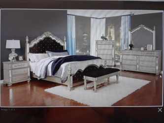 6 piece Eastern king bedroom set comes with Eastern King bed frame dresser mirror nightstand chest of drawer and trunk