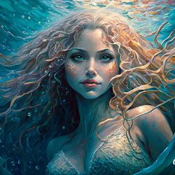 Beautiful mermaid woman swimming in water canvas or poster