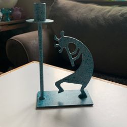 Kokopelli Blue Colored  Stainless Steel Sculpture Flute Player Figure Candle Holder- Signed Art Decor  