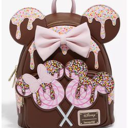 NEW WITH TAGS. DISNEY MINNIE MOUSE CHOCOLATE LOLLIPOP EARS MINI LOUNGEFLY BACKPACK FOR SALE. 