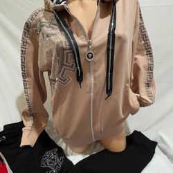  VERSACE Woman’s 2PC RHINESTONE Set FULL ZIP HOODED JACKET & SWEATPANTS JOGGERS. TRACK SUIT Comfort 