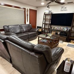 Full Living Room + Dining Set (Modern Dark Wood + Leather) – Bundle Deal 🔥