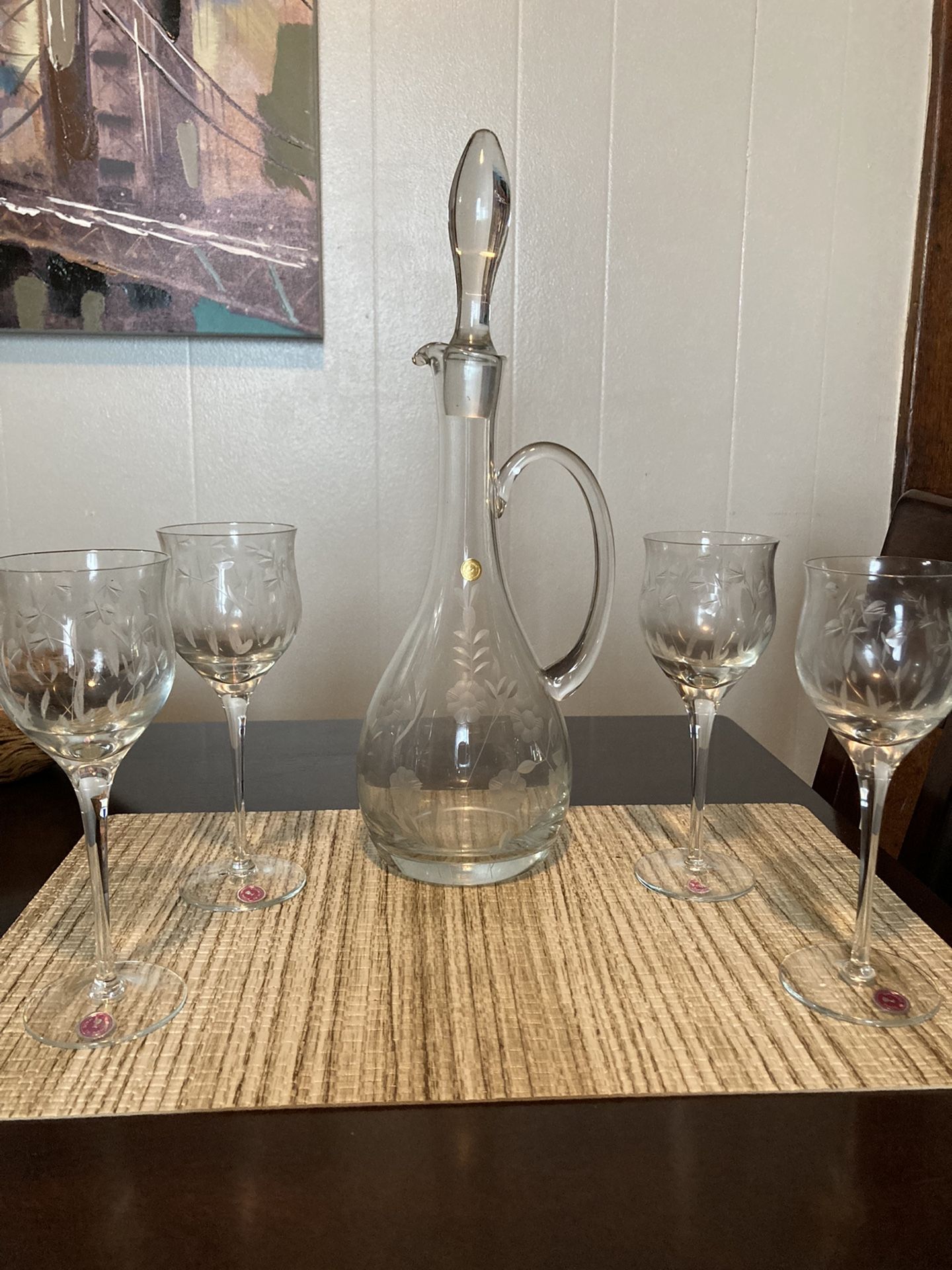 Vintage Etched Crystal Wine Set