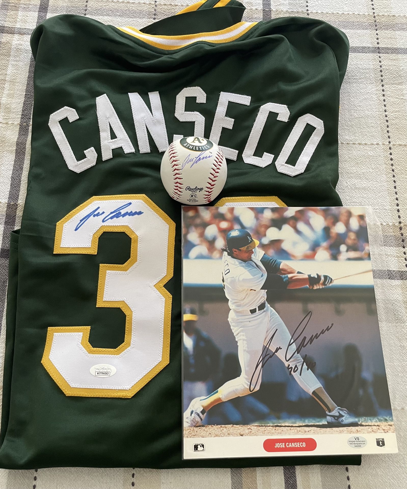 Jose Canseco Autographed Pro-Style Jersey, OMLLogo Baseball And 8x10 Photo Oakland Athletics AWM COA $195 Bundle Deal.