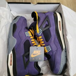 AIR JORDAN 4 RETRO LAKERS.  SIZE 15. NEW. Shoelaces Swap. PRICE IS FIRM.