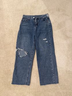 Ripped Wide Leg Jeans Blue Denim Straight Leg M