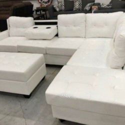 •ASK DISCOUNT COUPON🏆sofa Couch Loveseat Living room set sleeper recliner daybed ☆ Heights White Faux Leather Reversible Sectional With Storage Ottmn