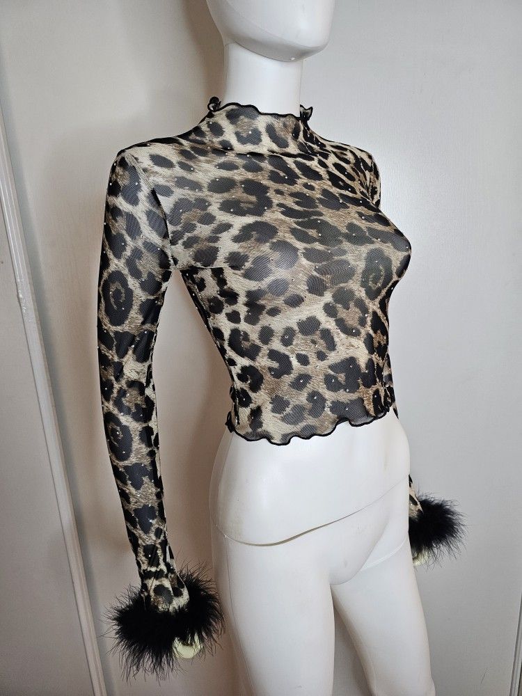 Fashion Nova Sheer Mesh Brown Black Leopard Animal Print Top With Rhinestone