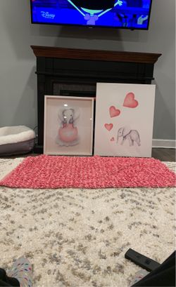 2 nursery room paintings + pink carpet rug