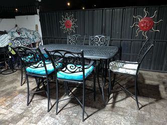 Long Rectangular 72” Aluminum Tall Outdoor Patio Table & 6 Tall Aluminum Outdoor Chairs w/ Cushions