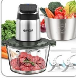 Ganiza Food Processor with Dual Bowls, 2-Speed Food Chopper & Meat Grinder 8Cup Stainless & 8Cup Glass Bowls, Upgraded Button & Smart