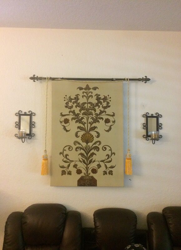 Wood and Metal wall hanging with two mirrored candle holders.