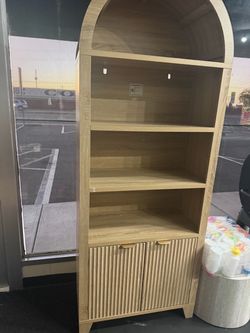 Modern Tall Arched Bookshelf, 2 Doors 6 Tiers Arch Cabinets with Storage, Farmhouse Book Shelf with Adjustable Shelves, Wood Bookshelf for Office Livi