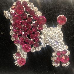 Hot pink and clear Rhinestone Poodle Dog Puppy Animal Brooch Pin in sliver