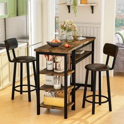 Bar Dining Table Set for 2, 3 Piece Bar Table and Chairs Set, Kitchen Counter Height Dining Table Set, Small Kitchen Bar Table with Storage, Breakfast