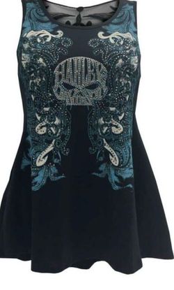 Harley-Davidson (large)SEXY black tank top lacy racerback rhinestone-embellished graphics
