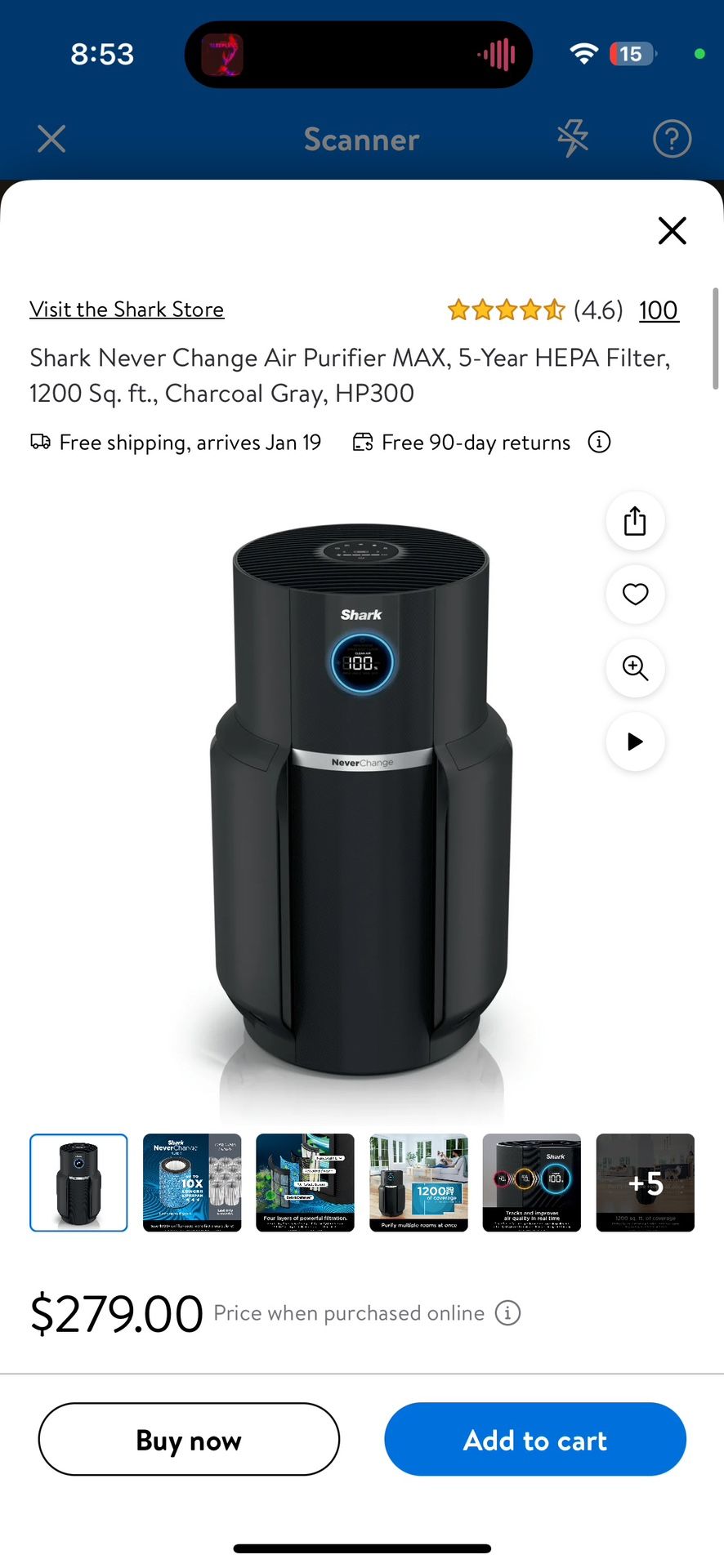 Shark Never Change Air Purifier MAX, 5-Year HEPA Filter, 1200 Sq. ft., Charcoal Gray, HP300