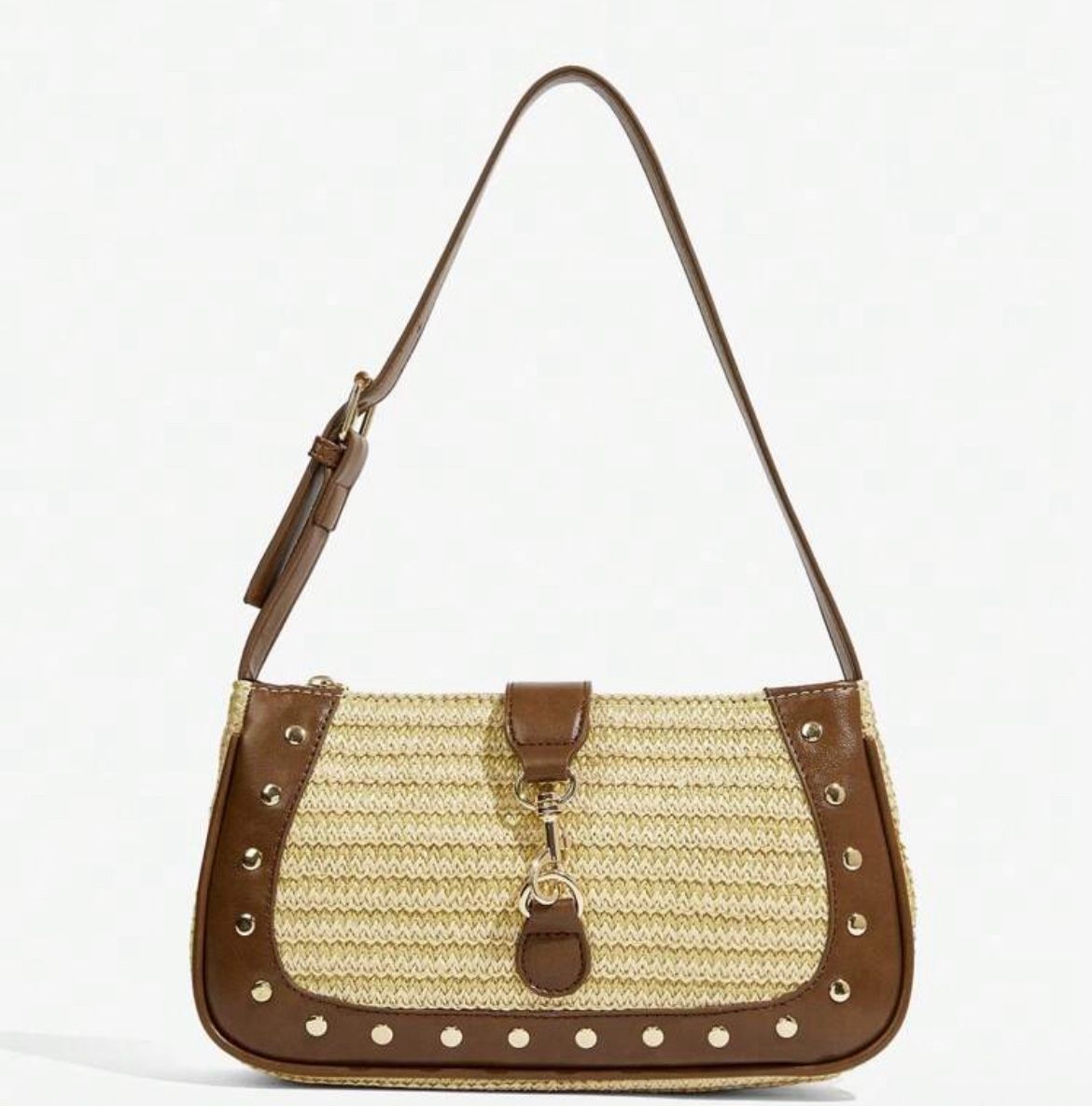 Women Shoulder Bag, Hobo Bag, Straw Woven Bag, Straw Bag, Splicing Brown PU, Fashionable, Elegant, Simple, Personalized, Versatile, 