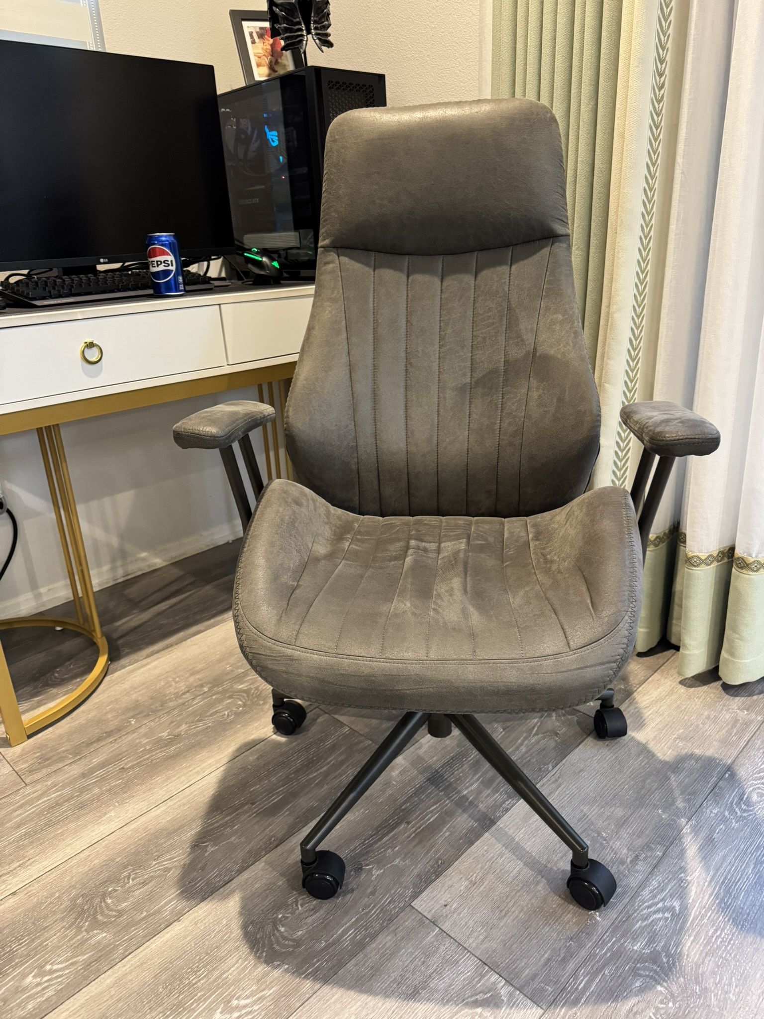 ovios Ergonomic Home Office Chair, Mid-Century Modern Faux Leather Chairs with Padded Armrests, Comfy High Back Swivel Rolling Executive Computer Armc