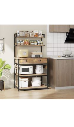 Mexin Bakers Rack with Power Outlets, 5-Tier Microwave Oven Stand with 2 Drawers, Kitchen Stand Coffee Bar Table with Storage, Heavy Duty Kitchen Shel