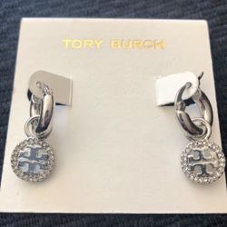 Tory Burch silver crystal T LOGO dangle drop hoop minimalist earrings