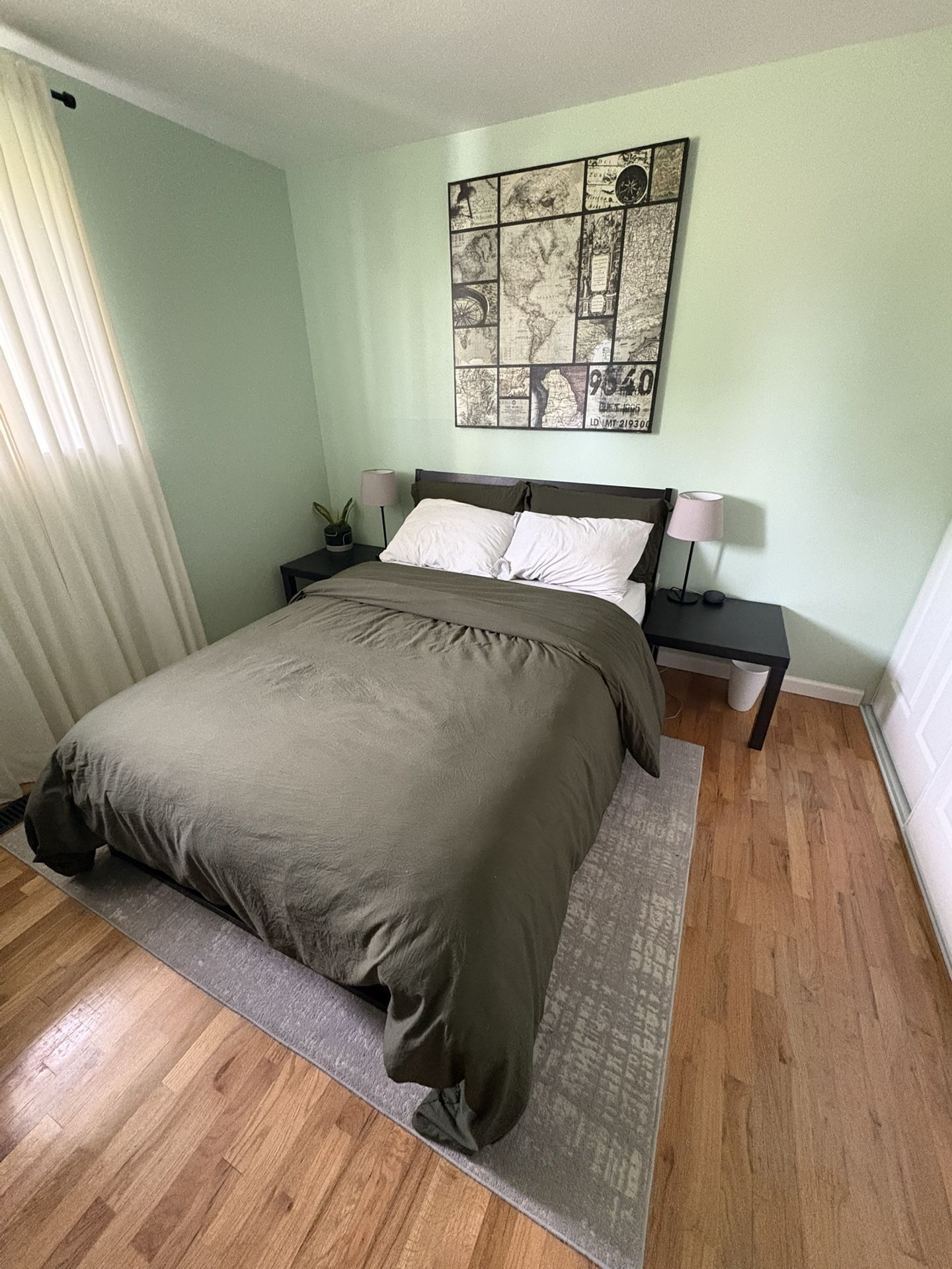 Full Sized Mattress, Frame, And Side Tables