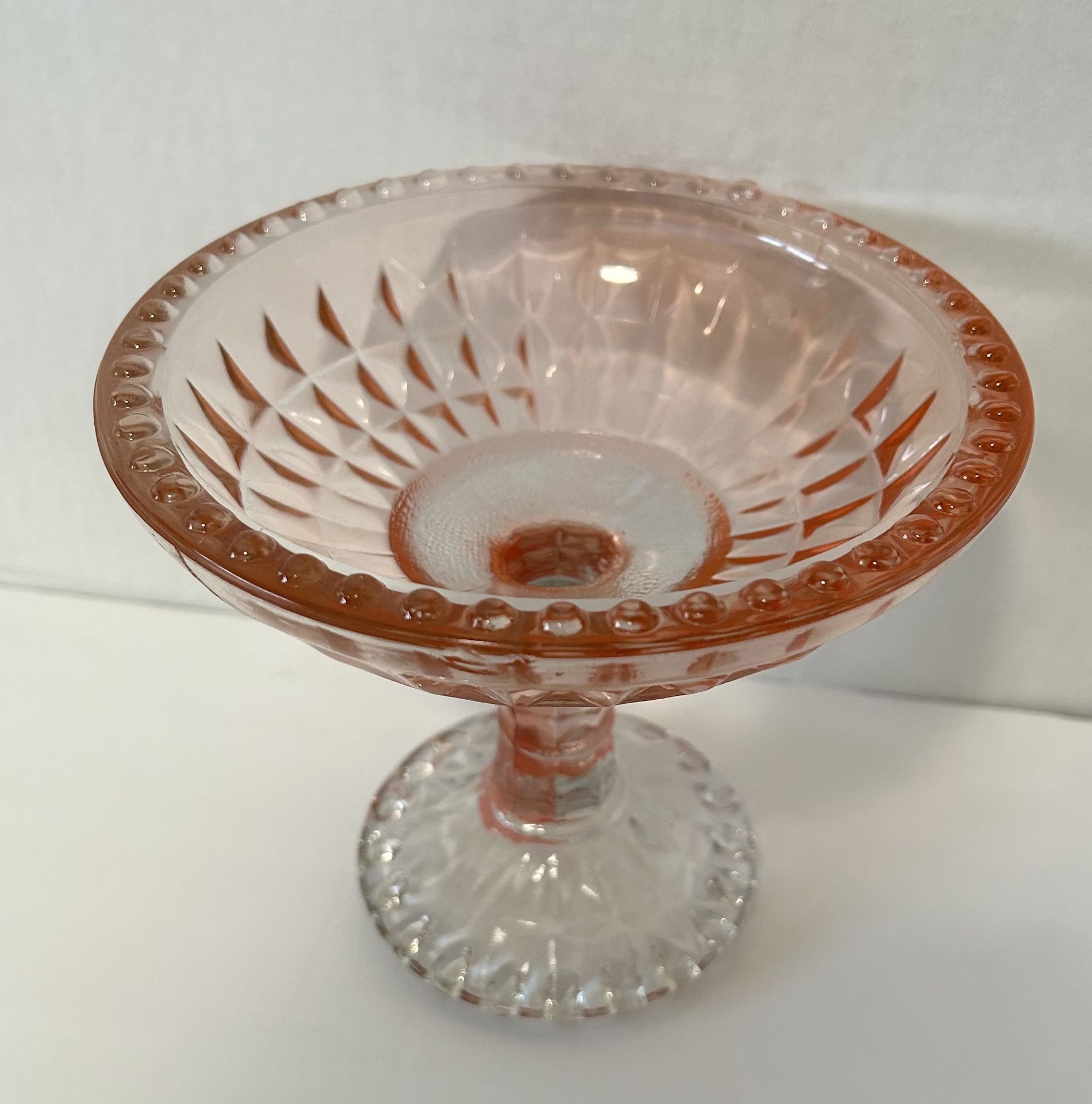 Vintage Pink Peach Hobnail Edge Pedestal Candy Dish Glass