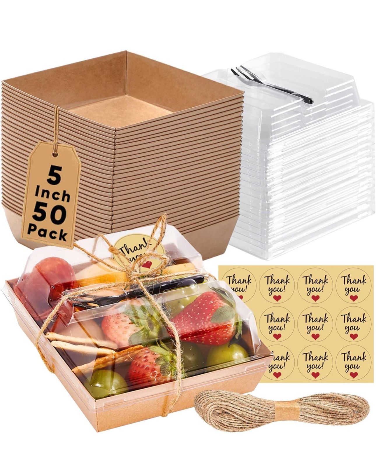 50 Pack Small Individual Charcuterie Boxes with Clear Lids and Forks - To Go Paper Mini Charcuterie Box, Disposable Food Containers, 5Inch Dessert Box