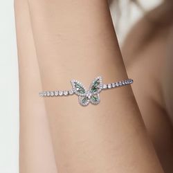 Silver Plated Green Rhinestone Butterfly Cubic Zirconia Link Tennis Bracelet, Dainty & Beautiful Fashion Jewelry for Girls Teens Women, NEW In Plastic