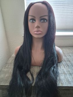 20-22" Long Natural Black U-Part Wig-Straight Hair-Adjustable Cap-Secure Combs-Medium Density