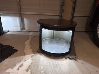 Industrial style barrel end table with LEDs