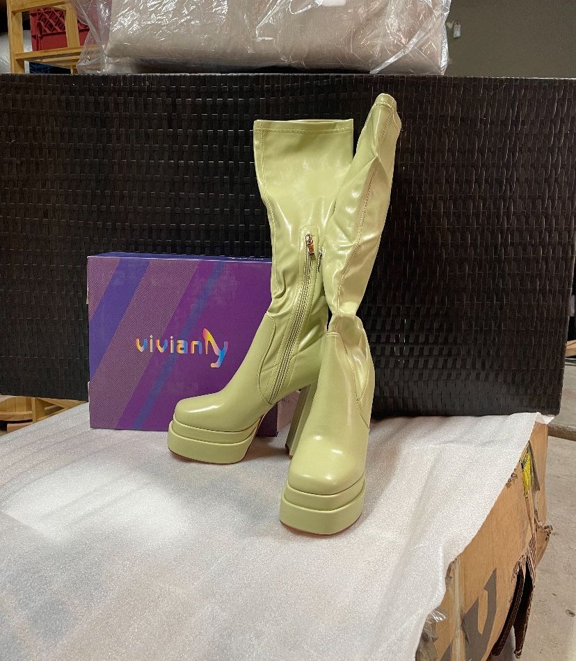 vivianly Women's Knee High Round Toe High Platform Chunky Heel Boots Size (8-10) Light Green