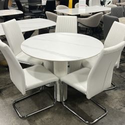 Modern Minimalist Matte Sintered Stone Dining Table And T-shaped Solid Wood Table w. 5 Chairs