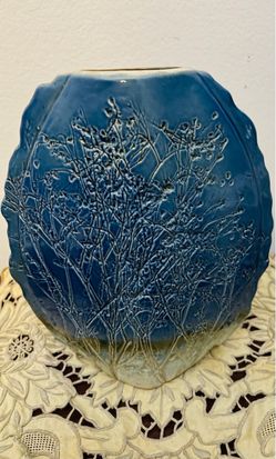 Vintage-Tenmoku-handcrafted ceramic  vase-textured-raised tree-labeled -stamped