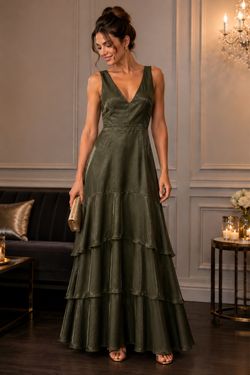 Lulus Olive Green Satin Tiered Maxi Dress Deep V Neck XS Formal