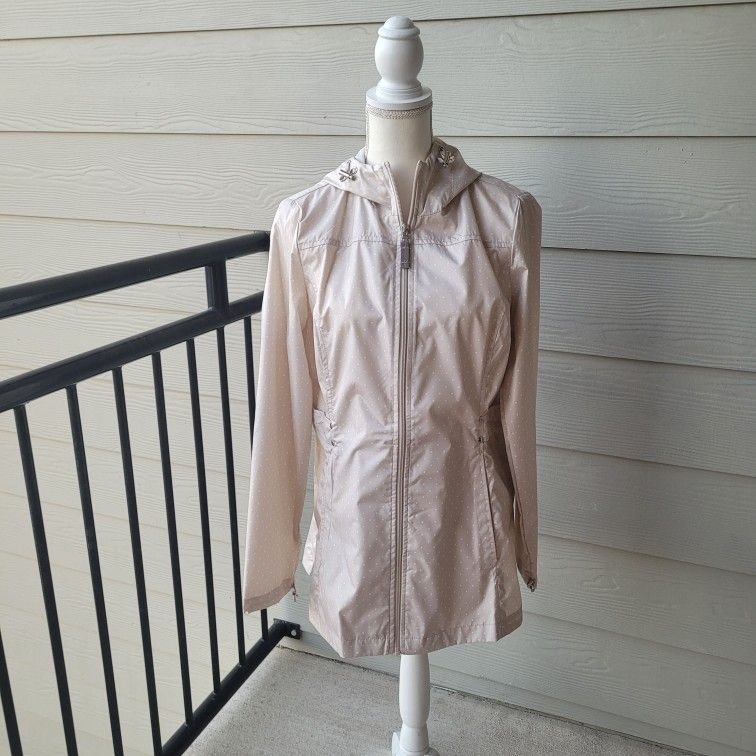 Jones New York Women's Beige Hooded Windbreaker Jacket Polka Dot Polyester Sz M