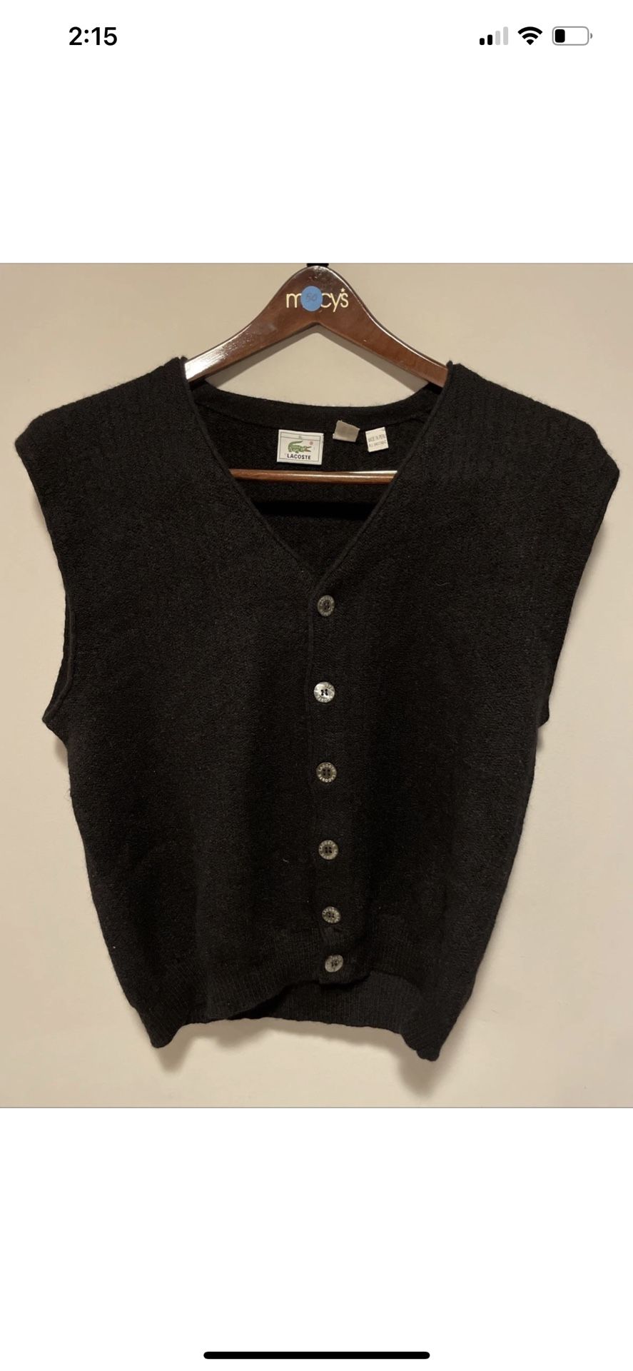 VTG Rare 80s Lacoste 100% Baby Alpaca V-Neck Ribbed Sweater Vest Black Mens XL