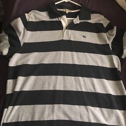 Burberry Men's polo size Large. Light grey and Dark grey stripes.