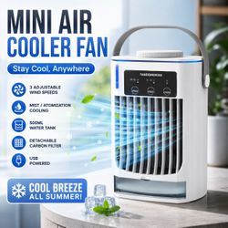 Portable Mini Air Cooler Fan – 3 Speeds + Mist | USB Powered