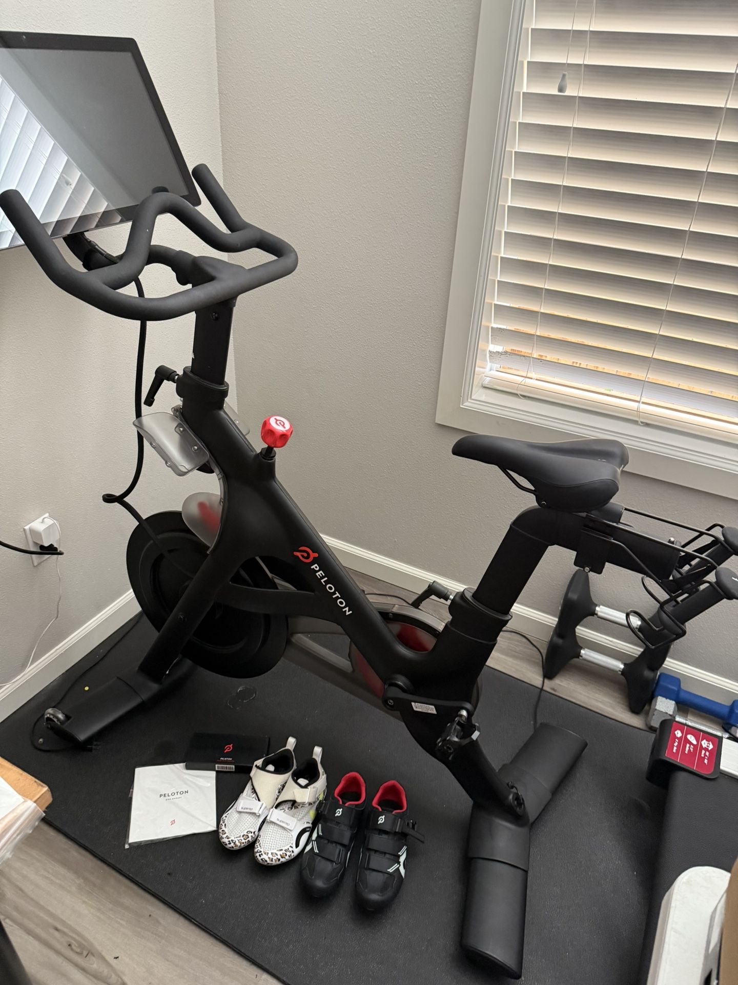 Peloton Bike With 2 Sets Of Shoes and Heart Rate Monitor
