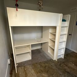 Loft Bed, Twin Over Desk With Storage Shelves