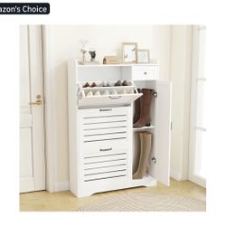 New in a sealed box Narrow Shoe Storage Cabinet with 3 Flip Drawers, Doors & Adjustable Shelves, Slim Shoe Rack Cabinet for Entryway Closet, Deodorizi