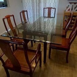 Solid Redwood Dinning Set With Thick Glass Top All In  Excellent Condition 