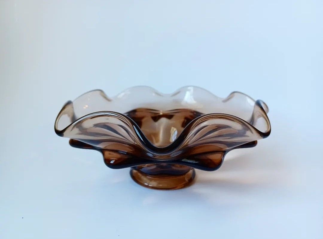 Vintage Midcentury 1950s Smoky Brown Ornate Glass Decorative Bowl ART
