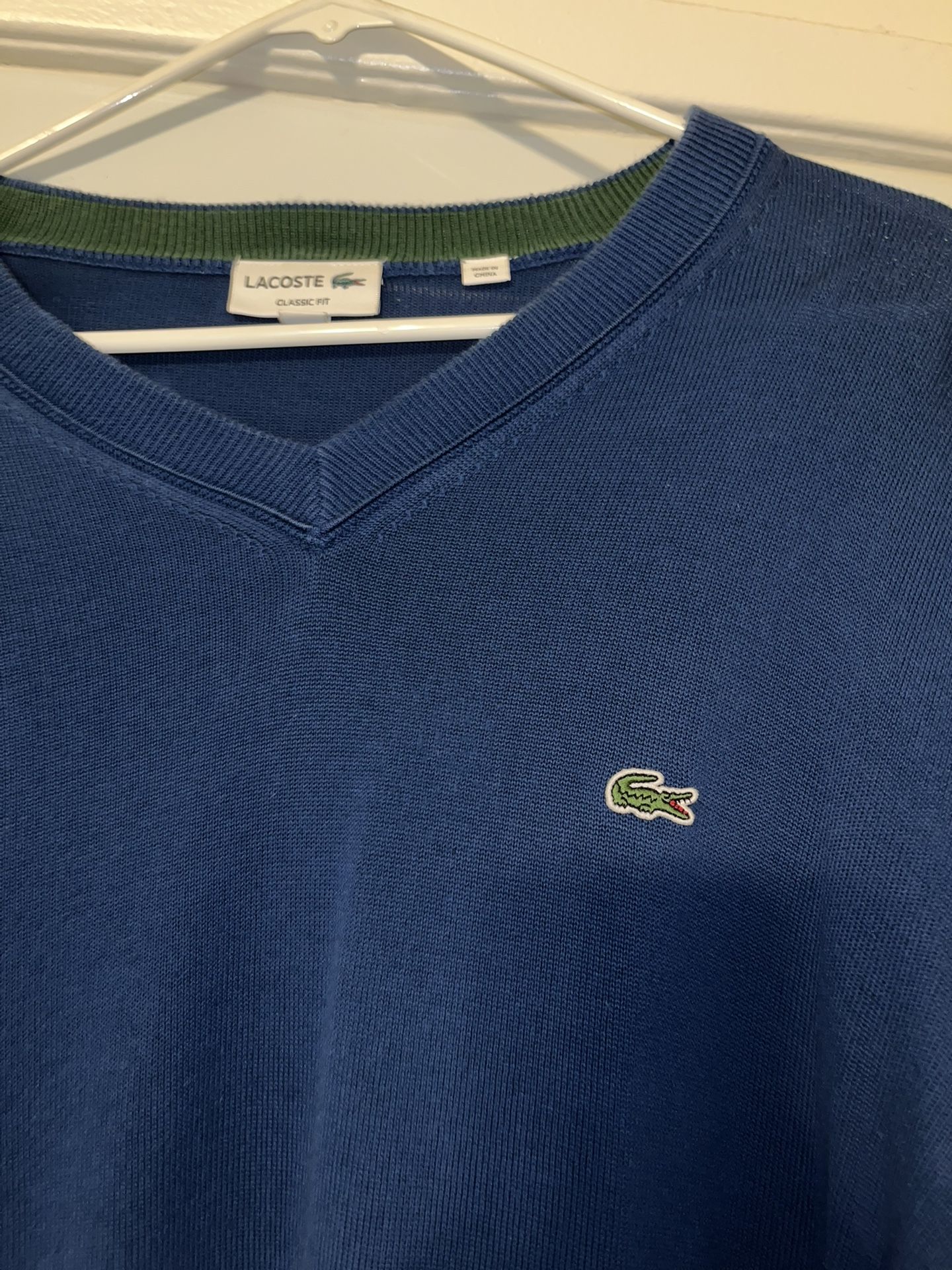 Lacoste Men's V-Neck Pullover Sweater Cotton, Blue, Size 6 (XL)
