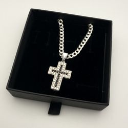 Solid 925 Sterling Silver Black & White CZ Cross 24in 5mm Cuban
