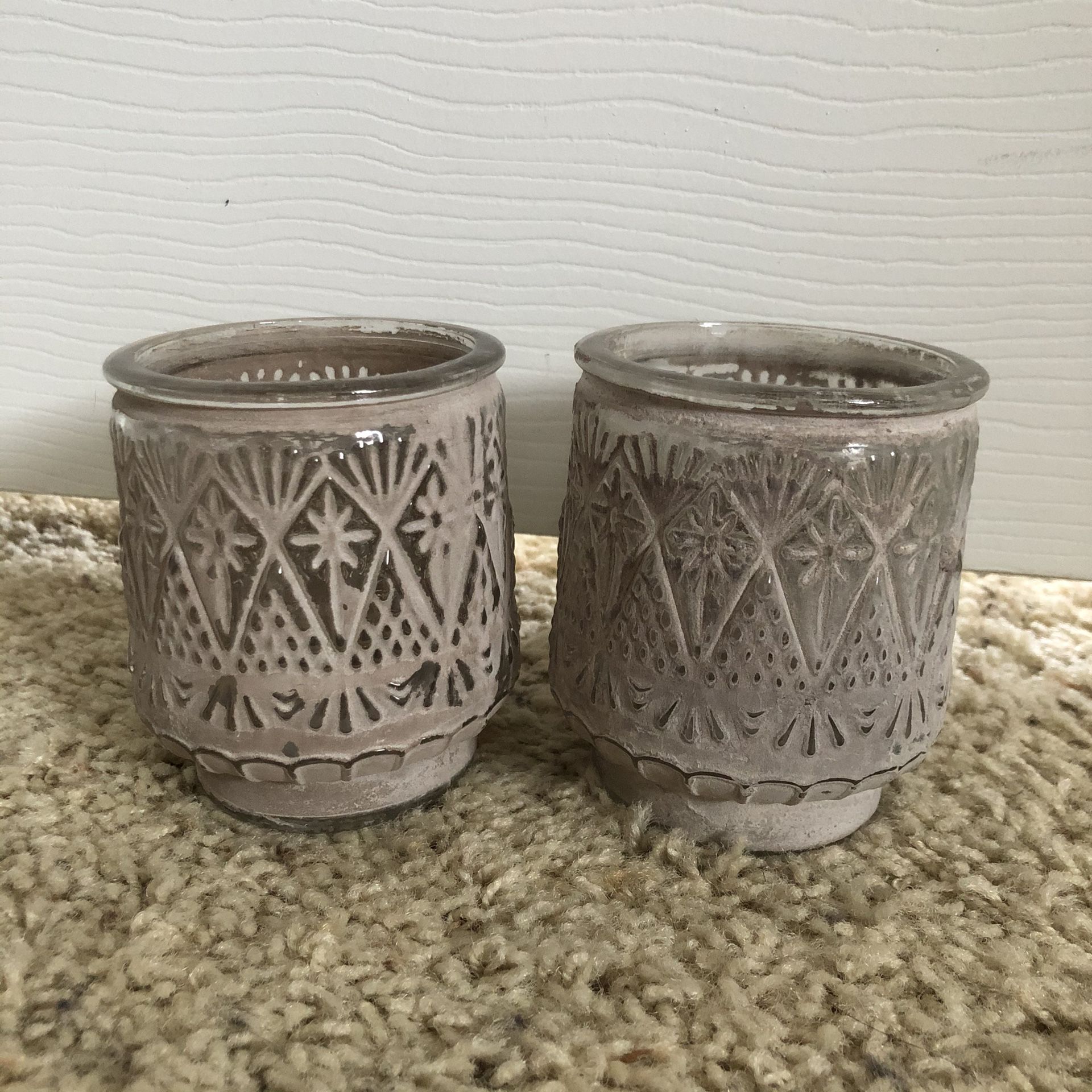 2 Boho Greige Glass Candle Holders Jars